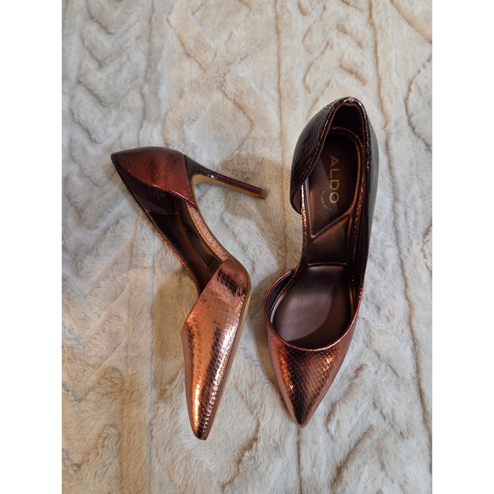 Aldo Womens Stiletto Pumps Metallic Copper Snakeskin D'Orsay Pointed Toe Heels 6
